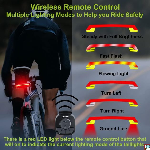 Οπίσθιο Ασύρματο Φανάρι Laser Ποδηλάτου Επαναφορτιζόμενο με Usb και Φλας με Χειριστήριο στο Τιμόνι - Meilan