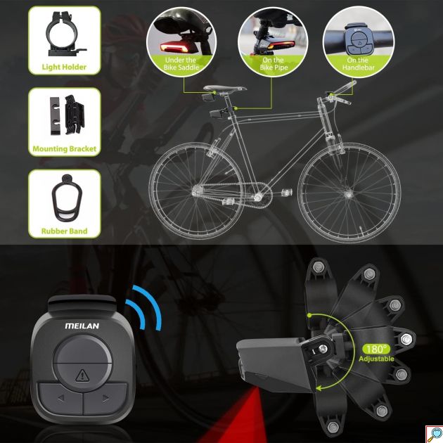 Οπίσθιο Ασύρματο Φανάρι Laser Ποδηλάτου Επαναφορτιζόμενο με Usb και Φλας με Χειριστήριο στο Τιμόνι - Meilan