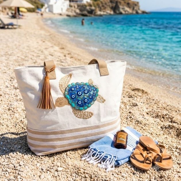 Τσάντα Παραλίας 12079-02 με Χελώνα – Ευρύχωρη & Στιλάτη | Καλοκαιρινή Τσάντα Ώμου με Κέντημα, Καμβάς, Μεγάλης Χωρητικότητας για Θάλασσα