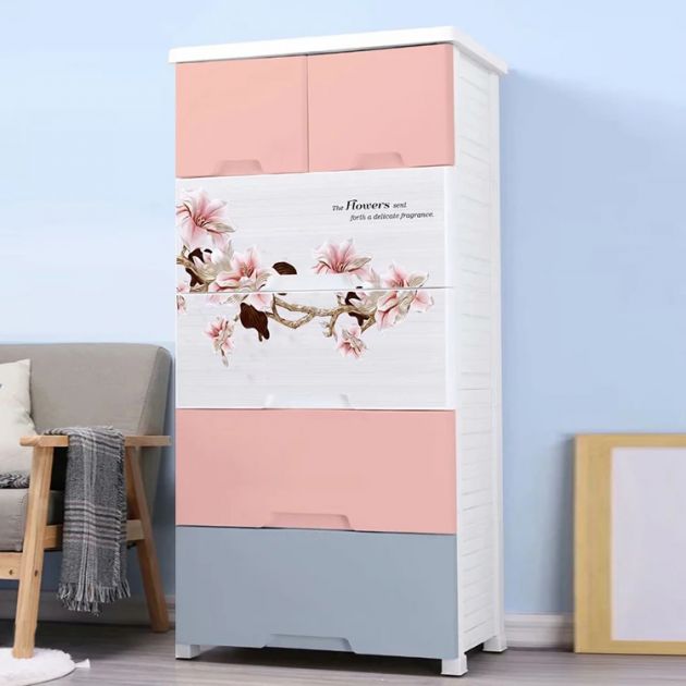 Πλαστική Συρταριέρα 139 x 69 x 49cm με 6 Συρτάρια - Ροζ & Λευκό με Λουλούδια