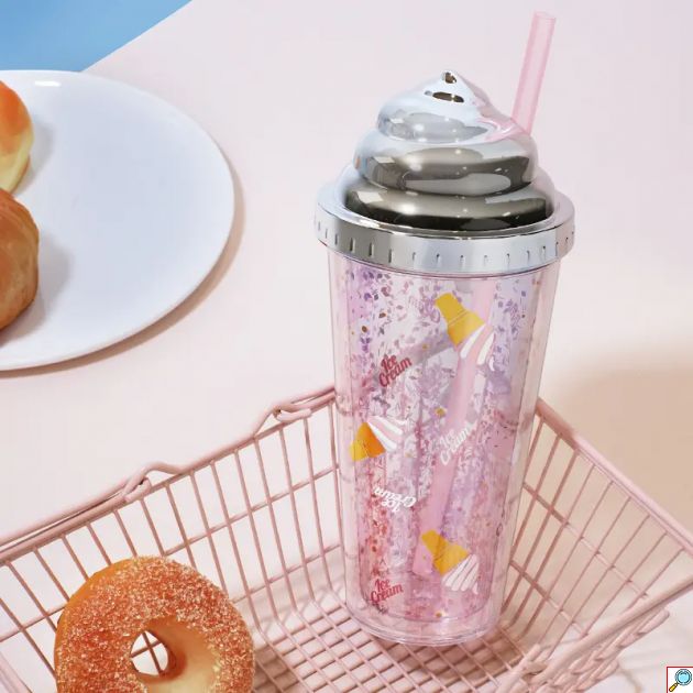 Πλαστικό Ποτήρι με Καπάκι & Καλαμάκι σε Σχήμα Παγωτό