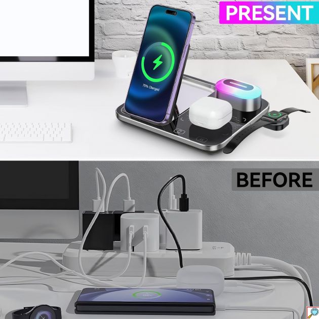 3 σε 1 Πολυλειτουργική Βάση Ασύρματης Φόρτισης Qi με Φως LED