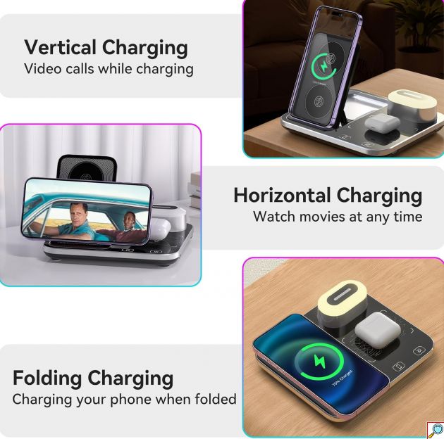3 σε 1 Πολυλειτουργική Βάση Ασύρματης Φόρτισης Qi με Φως LED