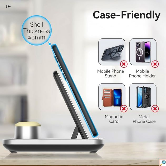 3 σε 1 Πολυλειτουργική Βάση Ασύρματης Φόρτισης Qi με Φως LED