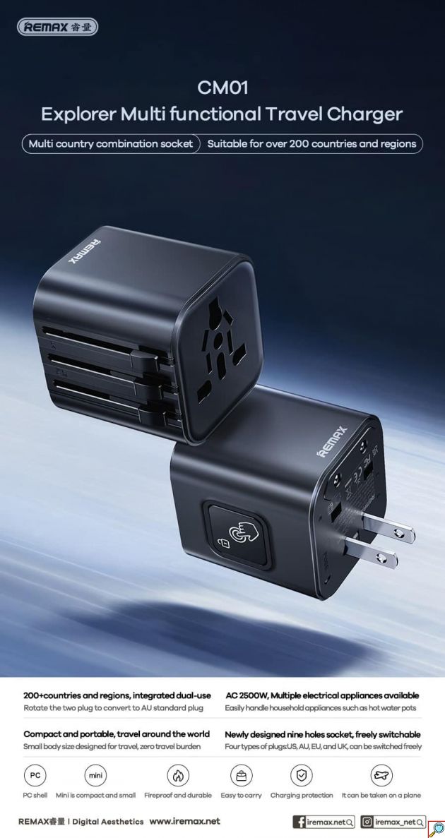 Πολυλειτουργικός Αντάπτορας Πρίζας Ταξιδιού Universal 2500W Remax