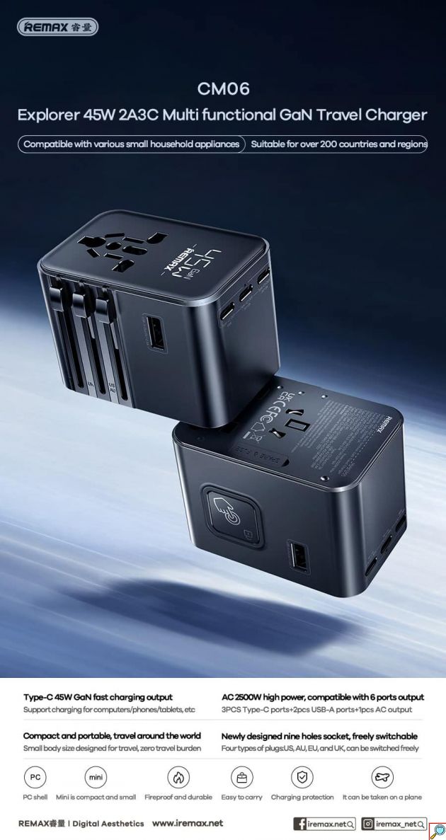 Πολυλειτουργικός Αντάπτορας Πρίζας Ταξιδιού Universal 45W GaN με USB-C & USB Θύρες Remax
