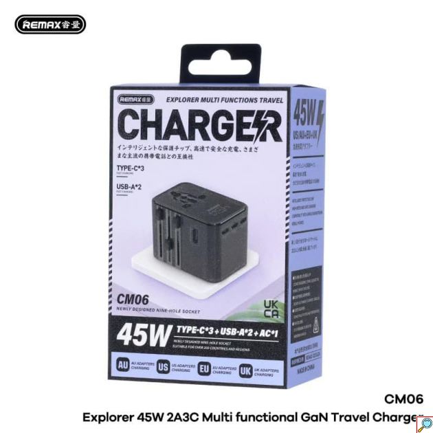 Πολυλειτουργικός Αντάπτορας Πρίζας Ταξιδιού Universal 45W GaN με USB-C & USB Θύρες Remax
