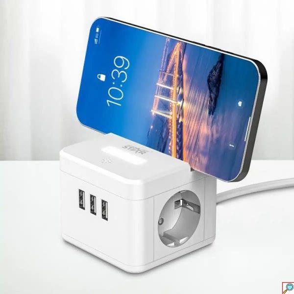 Πολύπριζο Ασφαλείας Κύβος 2 Θέσεων 2500W με 3 θύρες USB 10A - Βάση για Κινητό και Φωτάκι Αφής με Καλώδιο 2m Λευκὀ