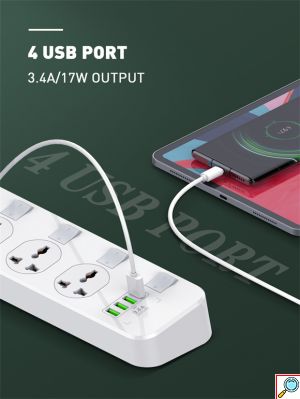 Πολύπριζο Ασφαλείας 4 Universal Θέσεων με 4 USB & Διακόπτες 2m - LDNIO