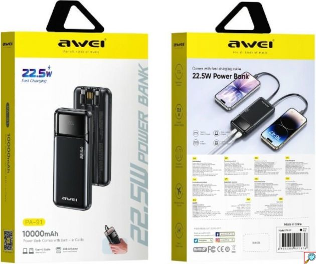 Power Bank 10000mAh Awei PA-91 – Γρήγορη Φόρτιση 22.5W με Ενσωματωμένο Καλώδιο | Οθόνη LED, USB-C & Lightning, Compact Σχεδιασμός