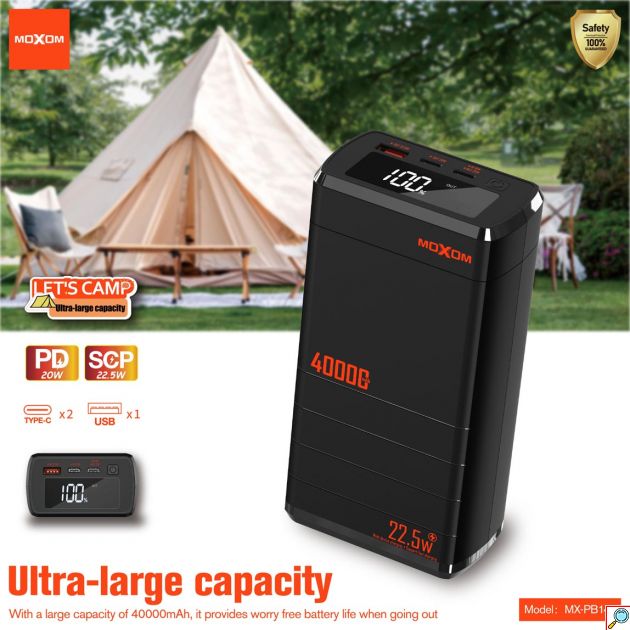 Powerbank 40000mAh 22,5W με Θύρα USB-A και 2 Θύρες USB-C - Moxom
