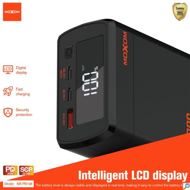 Powerbank 40000mAh 22,5W με Θύρα USB-A και 2 Θύρες USB-C - Moxom