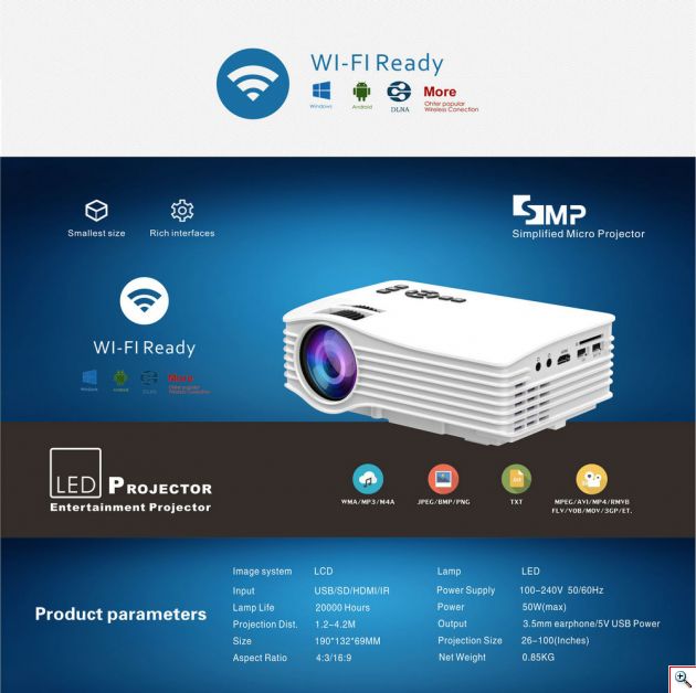 Φορητός Προβολέας Led Wifi Unic® & Μίρακας HD με HDMI, SD, USB