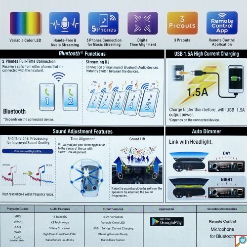 Ηχοσύστημα Αυτοκινήτου Universal MP3 Player, Ραδιόφωνο Bluetooth/USB 1 Din Φως Led TF/SD