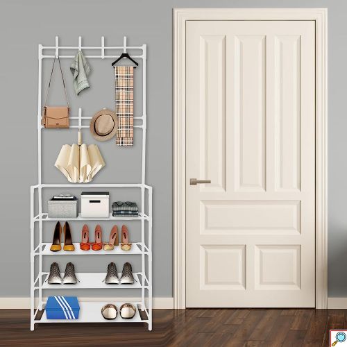 Quick Set Up - Μεταλλική Ραφιέρα Παπουτσοθήκη με Πλαστικούς Συνδέσμους 154x60x29cm 4 Επιπέδων & Κρεμάστρα, Τουαλέτας Μπάνιου, Έπιπλο Εισόδου