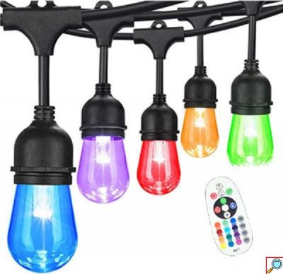 Στεγανή Γιρλάντα Φωτισμού - Αδιάβροχα RGB Φώτα Κήπου 12m με Τηλεχειριστήριο – 15 Λάμπες