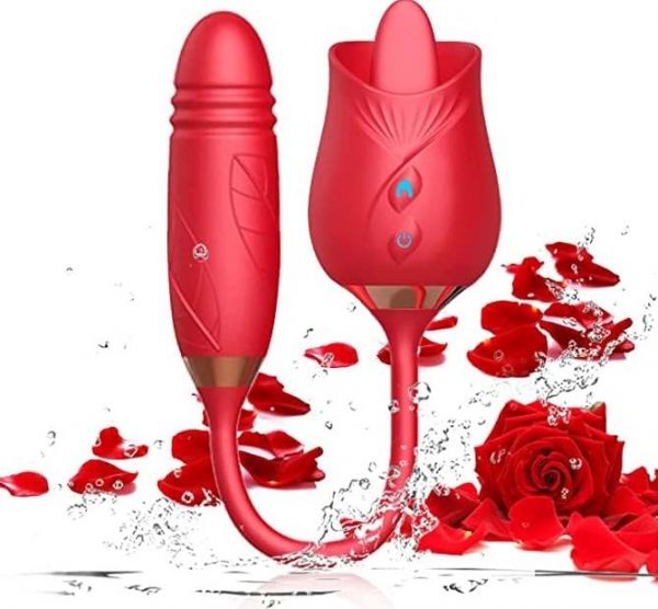 Διπλός Δονητής “Rose” με Γλώσσα για Μασάζ Κλειτορίδας και Θηλών - Tongue Licking Female Rose Double Vibrator Extreme