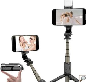 Selfie Stick και Βάση Τρίποδου 2 σε 1 Μαύρο με Τηλεχειριστήριο και Φλας-Andowl 