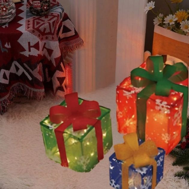 Σετ Χριστουγεννιάτικα Διακοσμητικά Φωτιζόμενα Κουτιά Δώρου με Χιονονιφάδες 25.5, 20.5 & 15.5cm