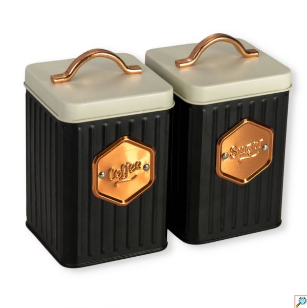 Σετ Μεταλλικά Δοχεία για Καφέ & Ζάχαρη 12x12x16cm Μαύρο/ Λευκό με Μπρονζέ Λεπτομέριες