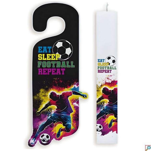 Σετ Πασχαλινή Λαμπάδα με Εκτύπωση ΄΄Eat Sleep Football Repeat΄΄ με Ξύλινο Καδράκι Πόρτας