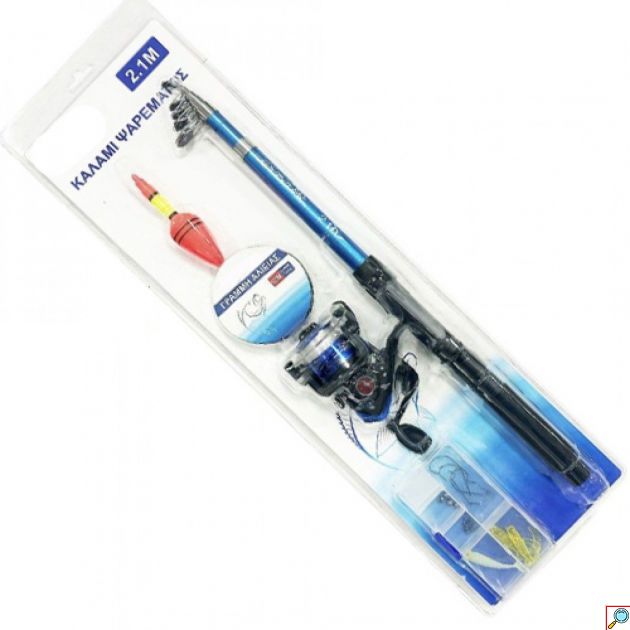 Σετ Ψαρέματος με Τηλεσκοπικό Καλάμι 2.10m Μηχανάκι Αγκίστρια Φελλό και Πετονιά 100m - Fishing Set For Beginners