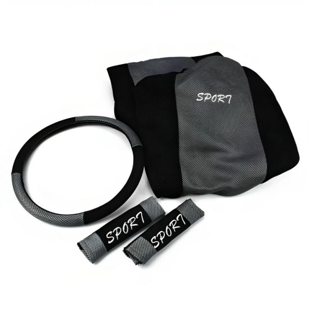 Σετ 6 τμχ Sport Υφασμάτινα Καλύμματα Αυτοκινήτου Καθισμάτων, Τιμονιού & Ζώνης Μαύρο / Γκρι