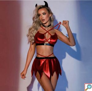 Αποκριάτικη Στολή Κόκκινη Διαβολίνα με Κερατάκια