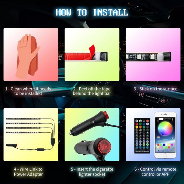 Smart RGB LED Σύστημα Φωτισμού Σαλονιού Αυτοκινήτου - Οπτική Ίνα 6 μέτρα