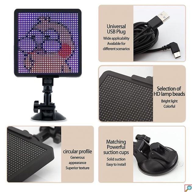 Smart LED Pixel Οθόνη Αυτοκινήτου με Βεντούζα Στήριξης 32x32cm