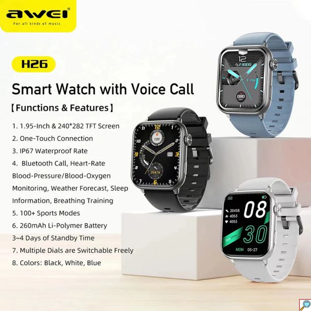Αδιάβροχο Έξυπνο Ρολόι - Smartwatch με Bluetooth, Παλμογράφο, Βηματομετρητή και Ασύρματη Φόρτιση - Awei