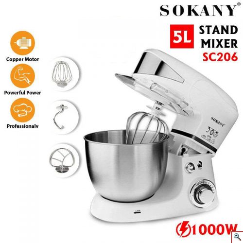 SOKANY® Ισχυρό Μίξερ - Κουζινομηχανή 1000W με Ανοξείδωτο Κάδο 5lt SC 206