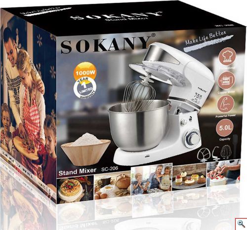 SOKANY® Ισχυρό Μίξερ - Κουζινομηχανή 1000W με Ανοξείδωτο Κάδο 5lt SC 206