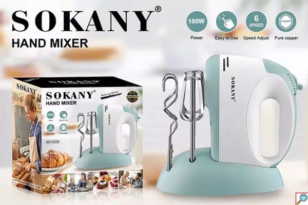 Sokany® Μίξερ Χειρός 100W με 6 Ταχύτητες - 2 Εξαρτήματα & Βάση Τοποθέτησης