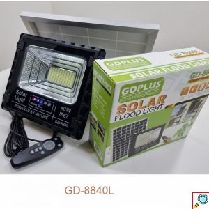 Αδιάβροχος Ηλιακός Προβολέας Αλουμινίου 40W GD-8840L με Φωτοβολταϊκό Πάνελ, Τηλεκοντρόλ και Χρονοδιακόπτη- Solar Panel