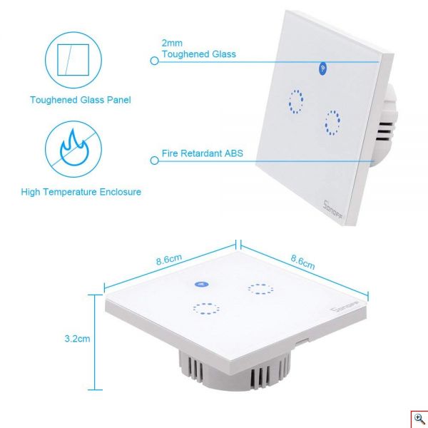 Επιτοίχιος Διπλός Διακόπτης Αφής με Wi Fi - Sonoff Wall Switch T1 EU 2C