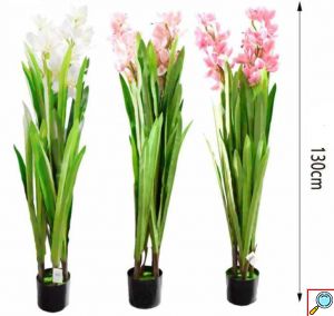 130cm Τεχνητό Διακοσμητικό Φυτό Ροζ Ορχιδέα Cymbidium σε Γλάστρα