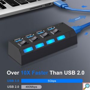 TREQA Αντάπτορας - USB HUB Γρήγορης Φόρτισης & Μεταφοράς Δεδομένων έως 5Gbps με 4 Θύρες USB 3.0 LED Φωτισμό Λειτουργίας & Διακόπτες On/ Off