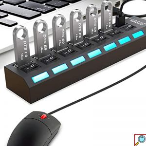 TREQA Αντάπτορας - USB HUB Γρήγορης Φόρτισης & Μεταφοράς Δεδομένων έως 5Gbps με 7 Θύρες USB 3.0 LED Φωτισμό Λειτουργίας & Διακόπτες On/ Off