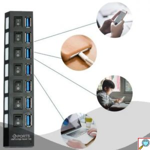 TREQA Αντάπτορας - USB HUB Γρήγορης Φόρτισης & Μεταφοράς Δεδομένων έως 5Gbps με 7 Θύρες USB 3.0 LED Φωτισμό Λειτουργίας & Διακόπτες On/ Off