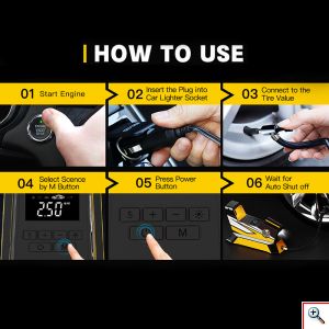 Τρόμπα Έκτακτης Ανάγκης Αυτοκινήτου Με Φακό, 12V, 150 PSI, Οθόνη LED Για Ρύθμιση & Προβολή Πίεσης, 3m Καλώδιο Αναπτήρα, Με Αντάπτορες, CarSun, C1809-1