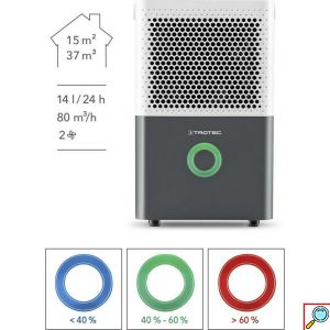 TROTEC® Φορητός Αφυγραντήρας 14L με LED Έγχρωμη Ένδειξη Υγρασίας - Λετουργία Χρονοδιακόπτη & Αυτόπλυσης & 2 Ταχύτητες