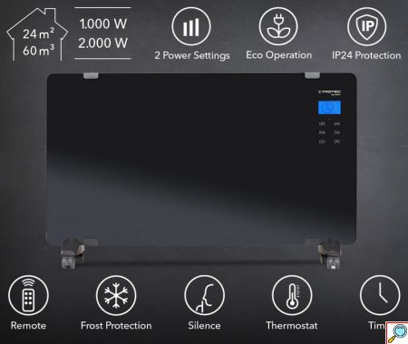Trotec Γυάλινος Επιδαπέδιος Θερμοπομπός 2000W με LCD Οθόνη Αφής, Τηλεχειριστήριο, 2 Επίπεδα Θέρμανσης, Ρυθμιζόμενο Θερμοστάτη & Χρονοδιακόπτη