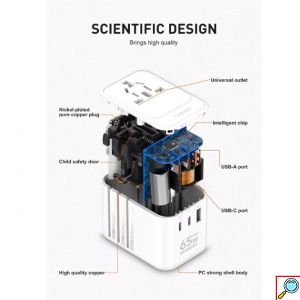 Universal Αντάπτορας Ταξιδίου 65W - 3 θύρες USB GaN - Ldnio