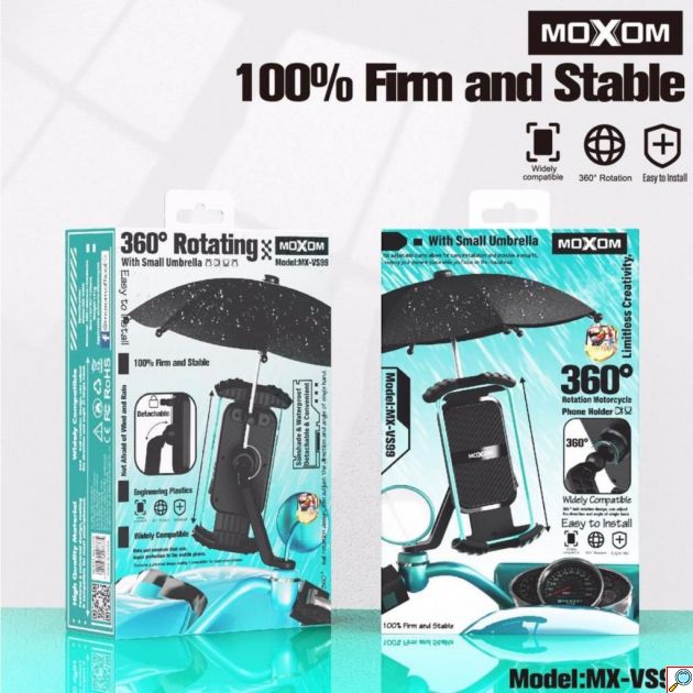 Περιστρεφόμενη Βάση Κινητού για Ποδήλατο, Μοτοσυκλέτα, Πατίνι με Μικρή Ομπρέλα Προστασίας - Moxom