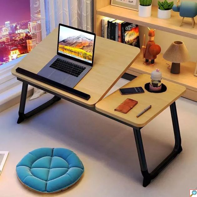 Βοηθητικό Τραπεζάκι για Ανύψωση Laptop 55x32x25cm με Ποτηροθήκη Μπεζ-Μαύρο 