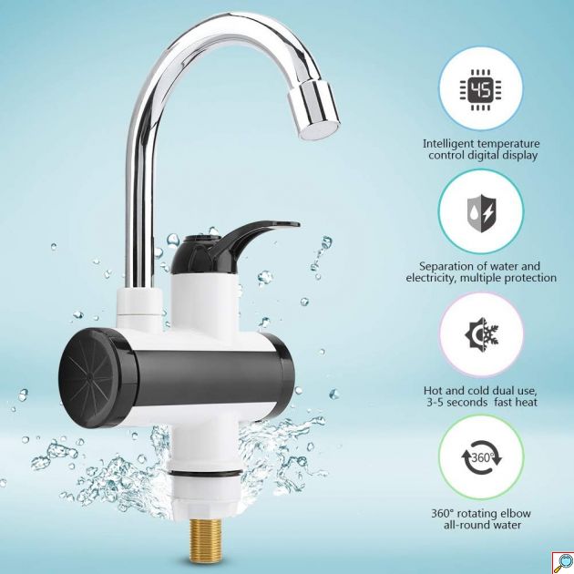 Ηλεκτρικός Ταχυθερμαντήρας 3300W - Περιστρεφόμενη Βρύση με Οθόνη LED - Λευκό Μαύρο