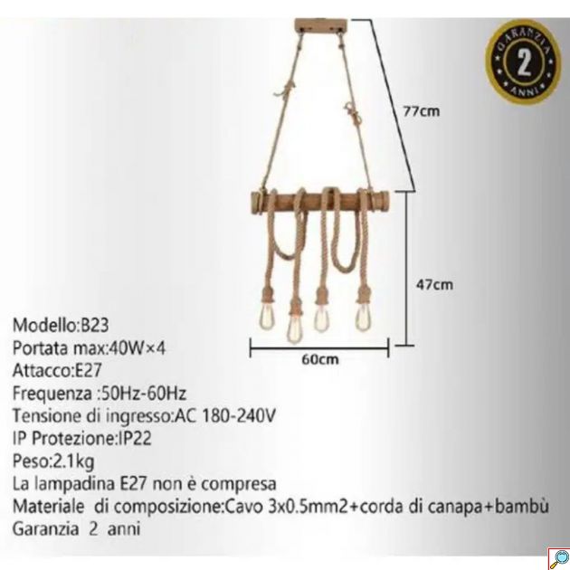 Ξύλινο Φωτιστικό Οροφής 40W με Σχοινιά & 4 Λαμπτήρες Ε27
