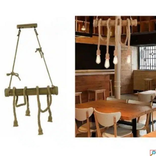 Ξύλινο Φωτιστικό Οροφής 40W με Σχοινιά & 4 Λαμπτήρες Ε27