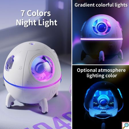 Επαναφορτιζόμενος Υγραντήρας Υπερήχων - Συσκευή Αρωματοθεραπείας & LED RGB Φωτάκι Νυκτός 220ml σε Σχήμα Διαστημικής Κάψουλας με Αστροναύτη